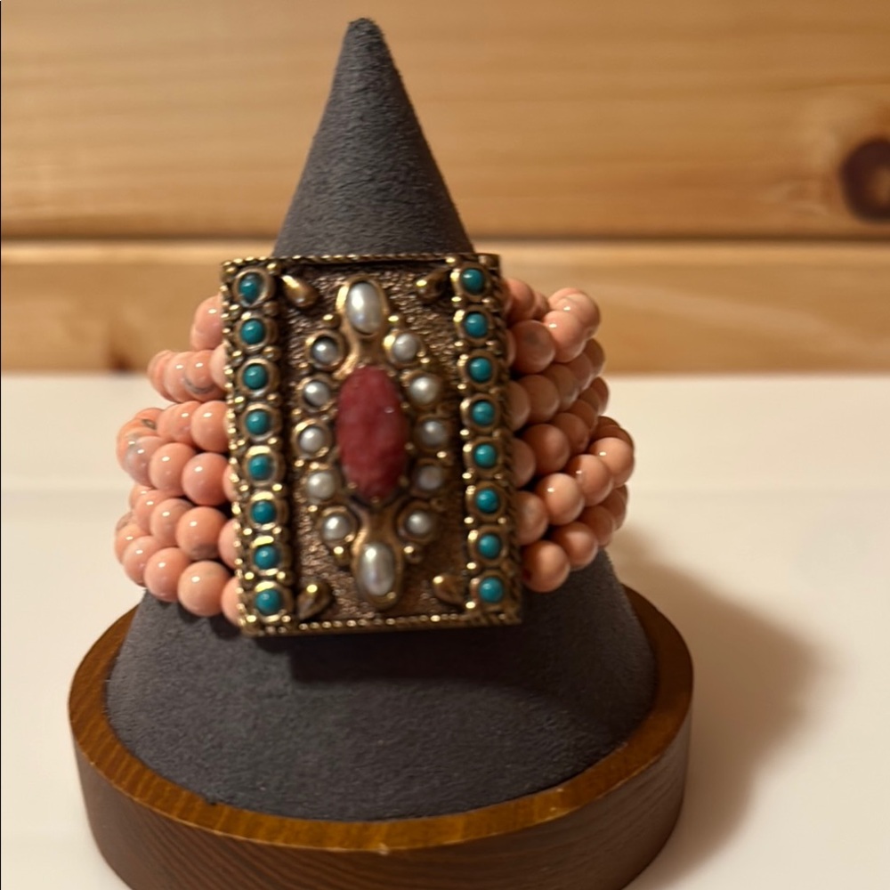 HSN Muze by Gypsy Handmade Red Beryl Multi-Strand Rhodonite Cuff Bracelet